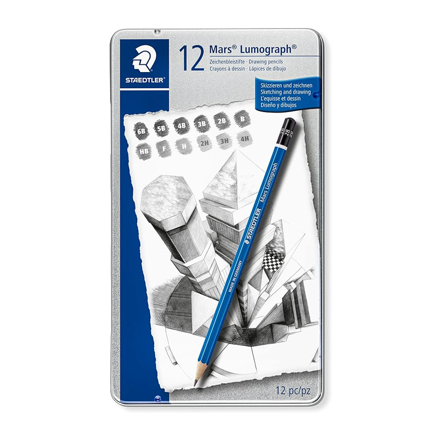 STAEDTLER Mars Lumograph Art Drawing Pencils (12-Pack) – Sustainable, Break-Resistant Graphite, Metal Case